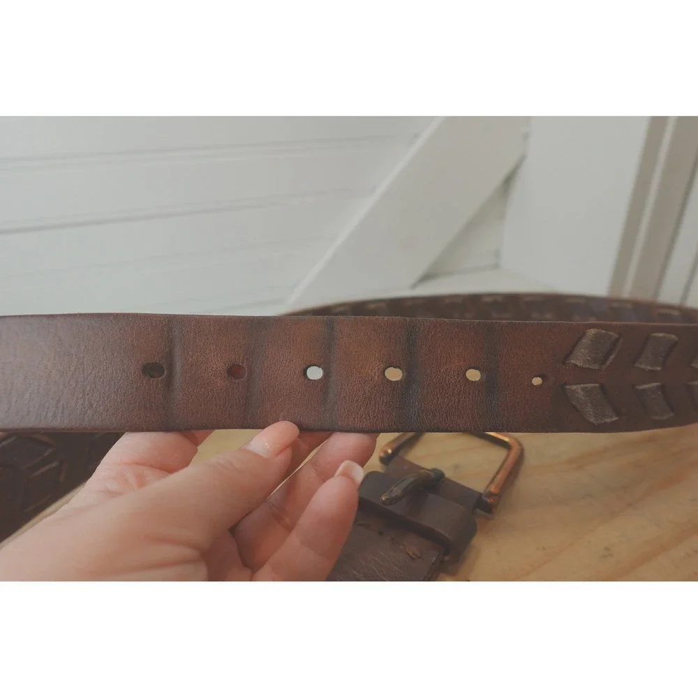 Brown Leather Chevron Braided Belt Men's XL Copper Buckle Two-Tone Vintage Boho
